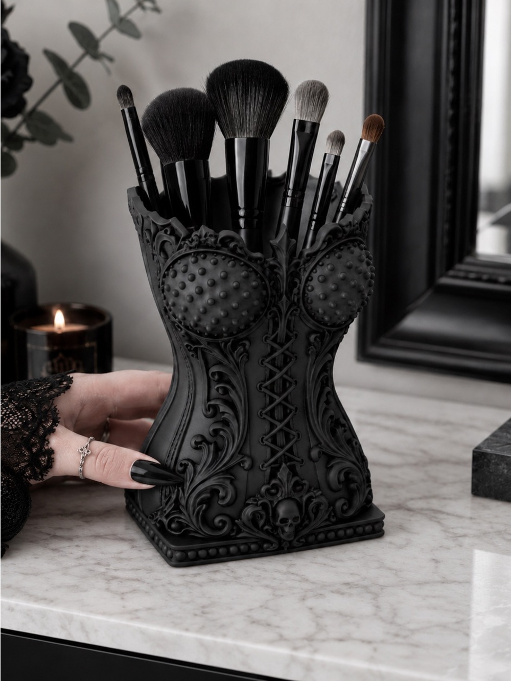 Matte Black Gothic Corset Makeup Brush Holder